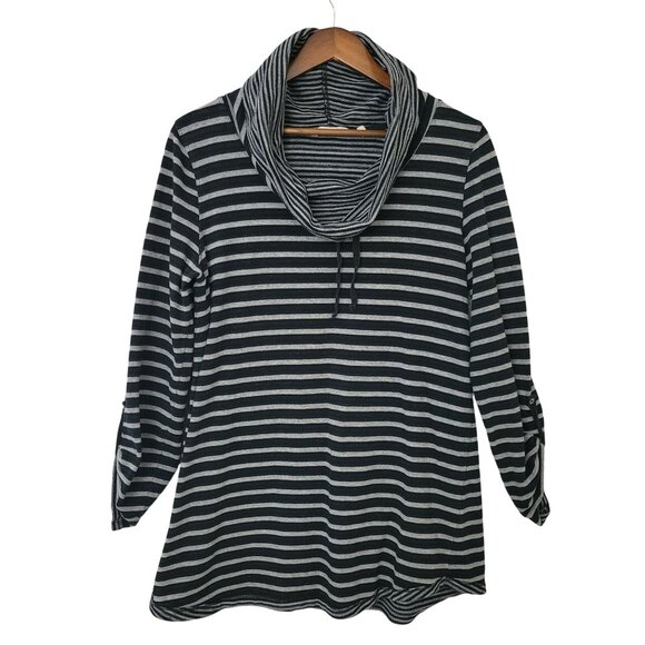 Soft Surroundings Tunic Top Womens M Black Gray Stripped Cowl Neck Pullover - Picture 2 of 9
